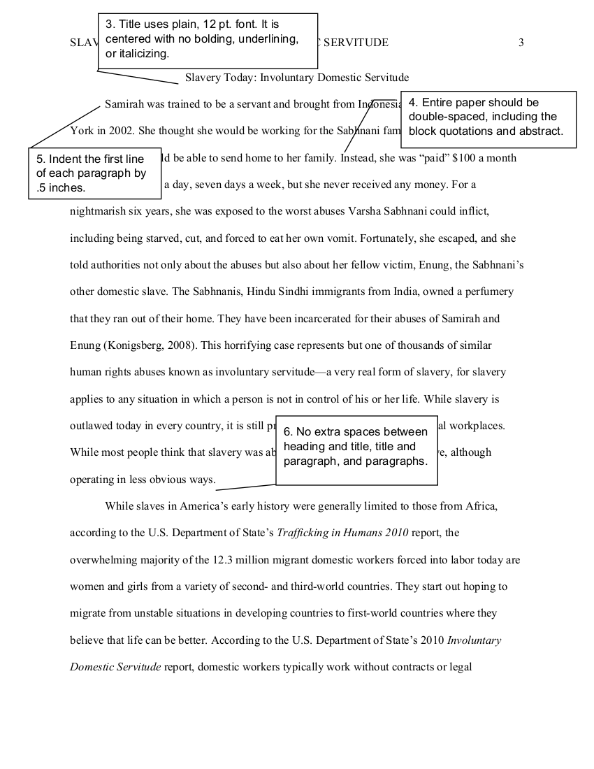 
Next page. The running header in the upper left corner reads, SLAVERY TODAY: INVOLUNTARY DOMESTIC SERVITUDE. 
The page number, 3, is typed in the upper right corner.

Note: Title uses plain, 12 point font.  It is centered with no bolding, underlining, or italicizing.
Note: Entire paper should be double-spaced, including the block quotations and abstract.
Note: Indent the first line of each paragraph by .5 inches.
Note: No extra spaces between heading and title, title and paragraph, and paragraphs.

New line, centered: SLAVERY TODAY: INVOLUNTARY DOMESTIC SERVITUDE.

New paragraph. 
Samirah was trained to be a servant and brought from Indonesia to Long Island, New
York in 2002. She thought she would be working for the Sabhnani family for decent wages—
wages that she would be able to send home to her family. Instead, she was “paid” 100 dollars a month
for seventeen hours a day, seven days a week, but she never received any money. For a
nightmarish six years, she was exposed to the worst abuses Varsha Sabhnani could inflict,
including being starved, cut, and forced to eat her own vomit. Fortunately, she escaped, and she
told authorities not only about the abuses but also about her fellow victim, Enung, the Sabhnani’s
other domestic slave. The Sabhnanis, Hindu Sindhi immigrants from India, owned a perfumery
that they ran out of their home. They have been incarcerated for their abuses of Samirah and
Enung. Open parenthesis. Konigsberg, 2008. Close parenthesis. This horrifying case represents but one of thousands of similar
human rights abuses known as involuntary servitude—a very real form of slavery, for slavery
applies to any situation in which a person is not in control of his or her life. While slavery is
outlawed today in every country, it is still prevalent and often hidden in informal workplaces.
While most people think that slavery was abolished in 1865, slavery is still alive, although
operating in less obvious ways.

New paragraph. 

While slaves in America’s early history were generally limited to those from Africa,
according to the U.S. Department of State’s Trafficking in Humans 2010 report, the
overwhelming majority of the 12.3 million migrant domestic workers forced into labor today are
women and girls from a variety of second- and third-world countries. They start out hoping to
migrate from unstable situations in developing countries to first-world countries where they
believe that life can be better. According to the U.S. Department of State’s 2010 Involuntary
Domestic Servitude report, domestic workers typically work without contracts or legal protection.

