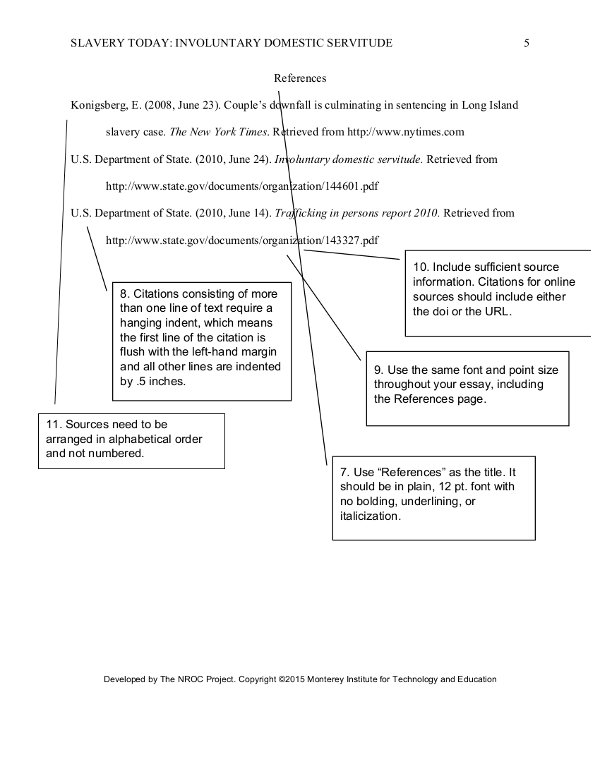 
Next page. The running header in the upper left corner reads, SLAVERY TODAY: INVOLUNTARY DOMESTIC SERVITUDE. 
The page number, 5, is typed in the upper right corner.


New line, centered. References.

Note: Citations consisting of more than one line of text require a
hanging indent, which means
the first line of the citation is
flush with the left-hand margin
and all other lines are indented
by .5 inches.

Note: Use the same font and point size
throughout your essay, including
the References page.
Note: Include sufficient source
information. Citations for online
sources should include either
the doi or the URL.

Note: Sources need to be
arranged in alphabetical order
and not numbered.
Konigsberg, E. Open parenthesis. 2008, June 23. Close parenthesis. Couple’s downfall is culminating in sentencing in Long Island
slavery case. The New York Times. Retrieved from http://www.nytimes.com.
U.S. Department of State. Open parenthesis. 2010, June 24. Close parenthesis. Involuntary domestic servitude. Retrieved from
http://www.state.gov/documents/organization/144601.pdf.
U.S. Department of State. Open parenthesis. 2010, June 14. Close parenthesis. Trafficking in persons report 2010. Retrieved from
http://www.state.gov/documents/organization/143327.pdf.


