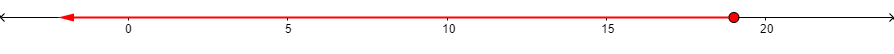 A number line goes from 0 to positive 20. At 19, there is a filled-in circle. The number line is shaded to the left of 19 and on the left end of the shaded line there is a left-facing arrow.