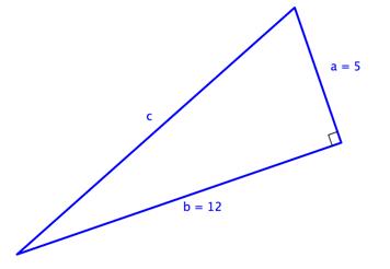 An image shows a right triangle. One leg is labeled A equals 5, the other leg is labeled B equals 12, and the hypotenuse is labeled C.