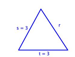 The image shows a triangle with sides R, S, and T.  Side S equals 3, side T equals 3, and side R does not have a measurement.