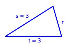 The image shows a triangle with sides R, S, and T.  Side S equals 3, side T equals 3, and side R does not have a measurement.