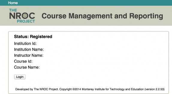 The image shows the NROC Developmentgal English course management and reporting screen, with the user's status listed as Registered. 
