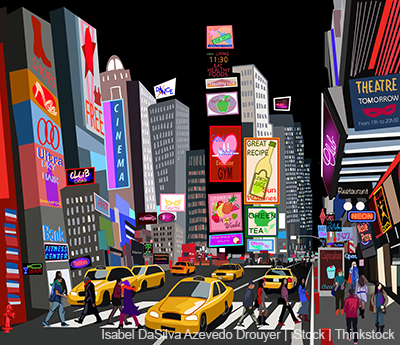 A graphic image shows a city street with colorful ads on tall buildings