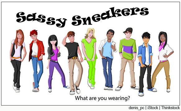 A graphic image shows a group of teenagers modeling the latest clothes and wearing the same brand of sneakers