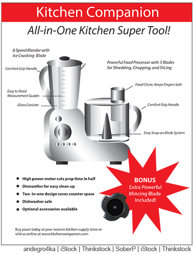 A graphic image shows an ad featuring an appliance that chops and blends food