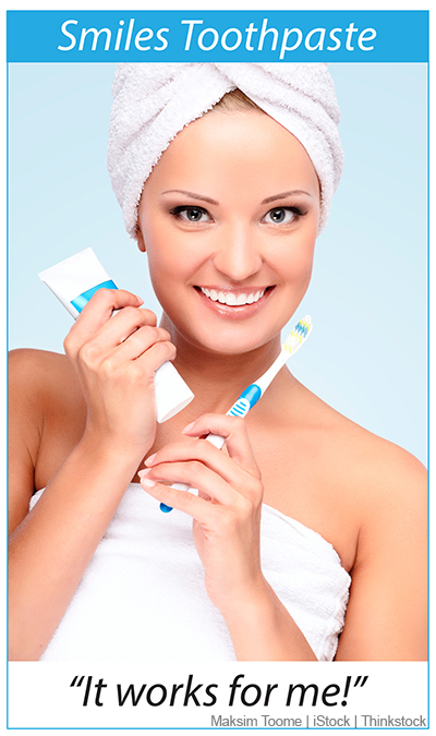 A photo shows an ad featuring a woman with a bright white smile and holding a tube of toothpaste and a toothbrush