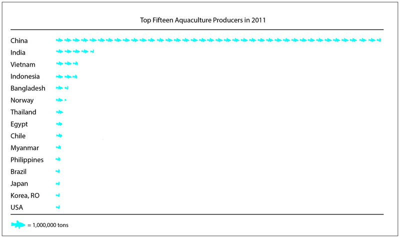 A pictograph shows that China produces more fish than the next fourteen countries combined