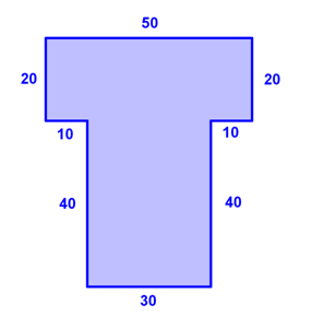 The diagram shows a floor plan with 8 sides. One side measures 50 feet. Two sides measure 20. Two sides measure 10. Two sides are 40. One side measures 30.