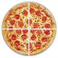 The images shows a circular pizza that is divided into 4 equal pieces.