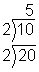The image shows a long division problem. The dividend is 20. The divisor is 2. The quotient is 10. A second long division problem is shown using that quotient, 10, as the dividend. The divisor is 2. The quotient is 5.