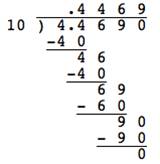 In a long division problem, the dividend is 4.4690. The divisor is 10. The final quotient is .4469. Multiply the first part of the quotient, .4, by the divisor, which equals 40 and is placed below the dividend. Subtract 40 from 44, the first 2 digits in the the dividend, which equals 4. Bring down the 6 from the dividend to make 46. Next, multiply the 6 in the quotient by the divisor resulting in 60, which is subtracted from 69 in the line above it. This equals 9. Bring down the 0 from the dividend to make 90. Next, multiply the 9 in the quotient by the divisor resulting in 90, which is subtracted from 90 in the line above it, leaving a remainder of 0.