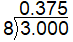 The image shows a long division problem. The dividend is 3 point zero zero zero. The divisor is 8. The quotient is zero point 3 7 5.