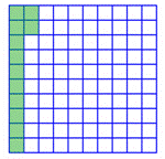 The image shows a grid that has 10 columns and 10 rows making 100 equal-sized squares. One column is completely shaded and 2 squares in a second column are shaded.