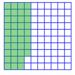 The image shows a grid that has 10 columns and 10 rows, making 100 equal-sized squares. Three columns are completely shaded and 8 squares in a third column are shaded.