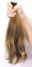 A photo shows a woman’s hand holding a long, cut-off pony tail of human hair.