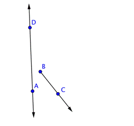 A picture shows a line, a ray, and points. Line AD has an arrow at each end and contains points A and D. Ray BC starts at point B, passes through point C, and has an arrow at the end.