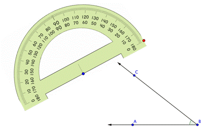 An image shows acute angle A B C and a protractor.