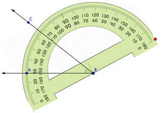 The image of the angle and the protractor shows that vertex B is on a blue dot at the bottom center of the protractor, but the rays are not aligned.