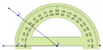 The image of the angle and the protractor shows that vertex B is aligned with the blue dot at the bottom center of the protractor and ray B A is on 0.
