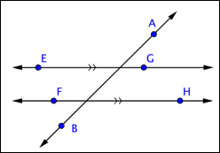 The image shows that line A B intersects lines E G and F H at an angle. Lines E G and F H are straight lines with chevron symbols and they will never intersect.