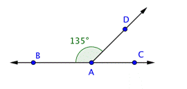 An image shows line B C passes through points B, A, and C. Ray A D extends from line B C at point A. Angle B A D is labeled 135.