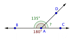 An image shows that line B C passes through points B, A, and C. Ray A D extends from line B C at point A. Angle B A D  is labeled 135 degrees. Angle D A C is labeled with a question mark. Angle B A C is a straight angle and is labeled 180 degrees.