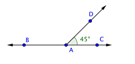 An image shows that line B C passes through points B, A, and C. Ray A D extends from line B C at point A. Angle D A C is labeled 45 degrees.