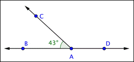 An image shows line B A D and ray A C. The angle B A C is labeled 43 degrees.