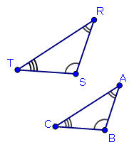 The image shows two similar triangles, A B C and R S T, that have the same shape but are different sizes. Angle S and angle B are congruent, indicated by a single band. Angle A and angle R are congruent, indicated by a double band. Angle T and angle C are congruent, indicated by a triple band.