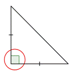 The image shows a right triangle. The right-angle symbol is circled in red to highlight that it is a right angle. The triangle has two equal sides, indicated by a single hash mark in the middle of each of those two sides.