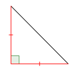 An image shows a right triangle. It has two equal sides, indicated by a single hash mark in the middle of each of those two sides.
