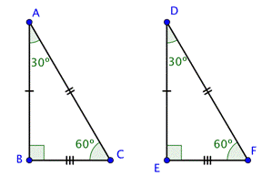 The image shows two congruent right triangles, A B C and D E F. Angle A B C and angle D E F are 90-degree angles. Angle B C A and angle E F D are labeled “60 degrees.” Angle C A B and angle F D A are labeled “30 degrees.” A B and D E are corresponding sides, indicated by a single hash mark in the middle of each line. A C and D F are corresponding sides, indicated by two hash marks in the middle of each line. B C and E F are corresponding sides, indicated by three hash marks in the middle of each line.