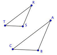 The image shows two similar triangles, A B C and R S T, that have the same shape but are different sizes. R S T is smaller than A B C.