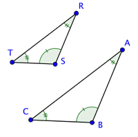The image shows two similar triangles, A B C and R S T, that have the same shape but are different sizes. R S T is smaller than A B C. The corresponding angles are indicated by single, double, or triple hash marks, representing congruency.
