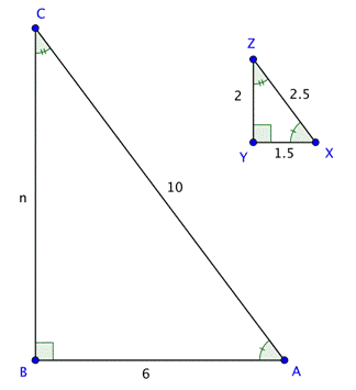 An image shows two similar triangles, A B C and X Y Z. Triangle A B C is larger than triangle X Y Z. Single hash marks indicate that angle A is congruent to angle X. Double hash marks indicate that angle C is congruent with angle Z. Angle B and angle Y are marked as right angles. In triangle A B C, side A B is 6, side B C is labeled with the variable “n,” and side CA is 10. In triangle X Y Z, side X Y is labeled 1.5, side Y Z is 2, and side Z X is 2.5.