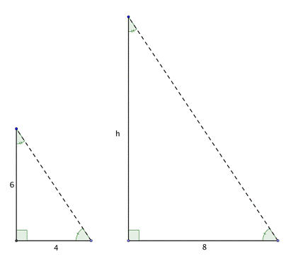 An image shows two similar right triangles. The first triangle represents the 6-foot tree that casts a 4-foot shadow; the legs of the triangle are labeled 6 and 4. The second triangle represents the tree with an unknown height that casts an 8-foot shadow; the legs of the triangle are labeled H and 8.