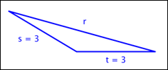 The image shows an obtuse triangle with sides R, S, and T.  Side S equals 3, side T equals 3, and side R does not have a measurement.