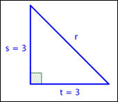 The image shows a right triangle with sides R, S, and T. Side S equals 3, side T equals 3, and side R does not have a measurement.