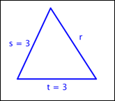 The image shows an equilateral triangle with sides R, S, and T. Side S equals 3, side T equals 3, and side R does not have a measurement.