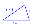 The image shows an acute triangle with sides R, S, and T. Side S equals 3, side T equals 3, and side R does not have a measurement.