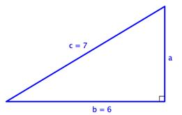 The image shows a right triangle with sides A and B, and hypotenuse C. Side B equals 6, hypotenuse C equals 7, and side A does not have a measurement.
