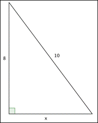 The image shows a right triangle. One leg is 8, the hypotenuse is 10, and the other leg is labeled X.