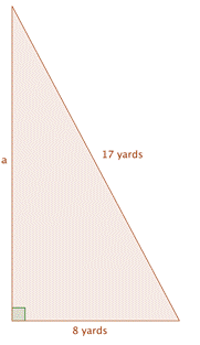 An image shows that one leg of a right triangle is 8 yards. The hypotenuse is 17 yards. The leg labeled “A” does not have a measurement.