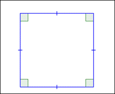 The image shows a square. The four right angles are marked and all are congruent. The opposite sides are parallel to one another and congruent.