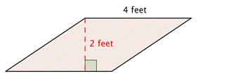 An image shows a parallelogram that has a base of 4 feet and a height of 2 feet.