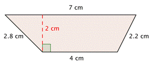 The image shows a trapezoid. The bottom base is 4 centimeters. The top base is 7 centimeters. One side is 2.2 centimeters. The other side is 2.8 centimeters. The height is 2 centimeters.
