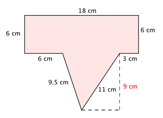 An image shows a polygon that is made up of a rectangle and a triangle. The sides are labeled: 18 centimeters, 6 centimeters, 3 centimeters, 11 centimeters, 9.5 centimeters, 6 centimeters, and 6 centimeters. The height of the triangle is 9 centimeters.