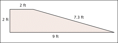 The shape is a trapezoid with sides labeled: 2 feet, 7.3 feet, 9 feet, and 2 feet. The top base is 2 feet, the bottom base is 9 feet, and the height is 2 feet.