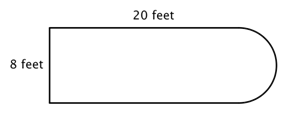 The image shows a composite figure of a rectangle with a semi-circle on the right end. The rectangle is 20 feet long and 8 feet wide.